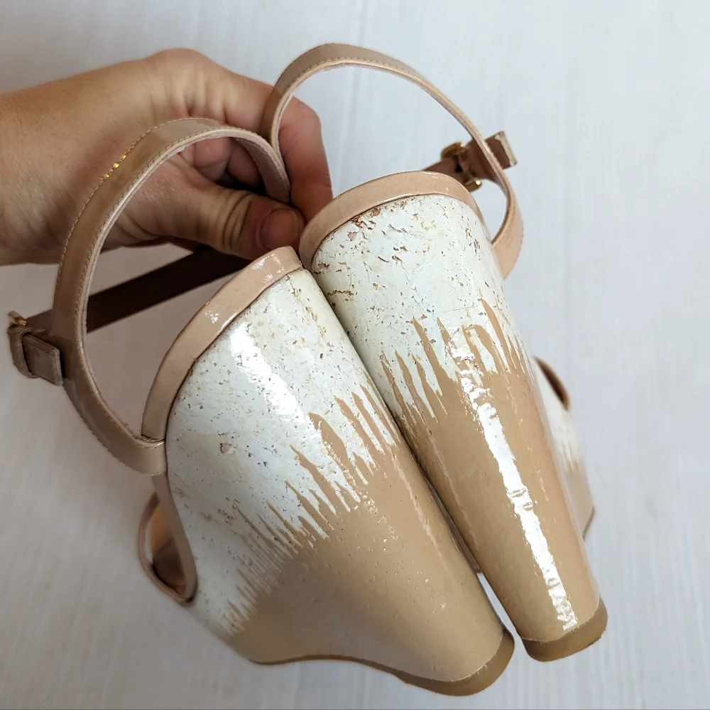 STUART WEITZMAN Bambina Aniline Single Sky patent leather platform wedge sandals